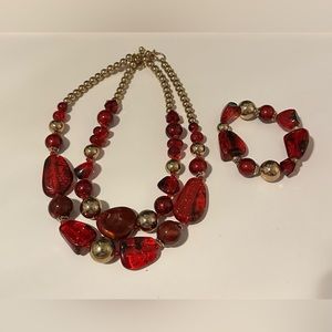 Gold tone beaded Red Chunky Necklace and Bracelet Set